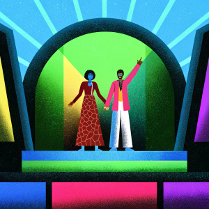 Lilly Singh and Caleb McLaughlin at Nickelodeon Kids' Choice Awards. Both wear colorful outfits. Stage filled with bright shapes and vibrant hues.