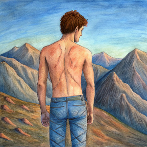 The silhouette of a shirtless young man wearing only denim jeans, his bare upper body revealing a back covered in scars, stood at the summit of the mountain.
