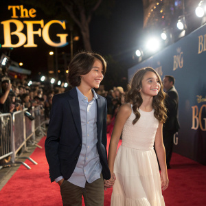 Malachi Barton and Ariana Greenblatt walking the red carpet at the premiere of 'The BFG' at El Capitan Theatre. Surrounded by Disney logos and fans.