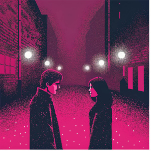 Benjamin Wadsworth and Lana Condor during a scene from the hit TV series 'Deadly Class'. Intense dialogue scene in a dimly lit alley