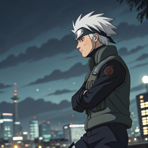 Kakashi Hatake from Naruto, with a serious expression. White hair and dark outfit. Dynamic pose against night skyline backdrop.