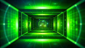 sci fi screen floating, one point perspective, front view, green theme, hologram