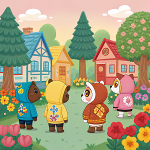Cartoony depiction of various Animal Crossing hoodies. Characters standing in a vibrant, colorful village setting.