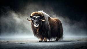 Close up of a big musk oxen standing in a lonely landscape , very minimalistic, black background, foggy and stormy weather , style minimalistic , realistic style , wide angel photography