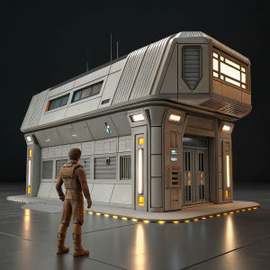 Digital 3D rendering of a futuristic spaceship-like building. Sleek, modern design with angular forms. Small, humanoid figure made of flexible brown material next to the structure. Dark background. Rendering highlights futuristic elements with accuracy.