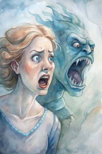 решительная женщина кричит на монстра, он ее боится