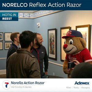 A screenshot from Adweek showcasing Norelco Reflex Action Razor. The article highlights the best spots in advertising. Indoor setting with a group of people, including a mascot figure, posing in front of framed pictures on the wall.