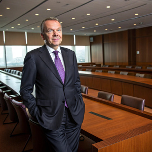 Christoph Mueller, CEO of Malaysian Airlines, poses for a corporate photo. Formal attire, dark suit with purple tie. Confident stance. Empty conference room setting.
