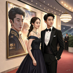 Ariel Lin and Joe Zheng at a gala event. She is in a elegant evening gown, he in a tuxedo. Poster of a movie behind them.