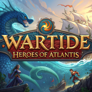 Fantasy digital artwork featuring 'WarTide: Heroes of Atlantis' logo. Illustration rich in blue, gold and fiery reds, with intricate nautical and mythical elements. The title 'Heroes of Atlantis' is displayed in a bold, stylized font within a banner-like design.