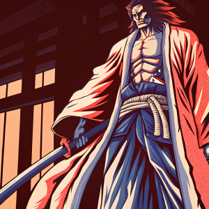 3D model of Kenpachi Zaraki from Bleach series. Standing in a dimly lit room, wielding a large sword. Detailed long coat with flowing fabric. Subdued background enhances shadows and highlights of the model.