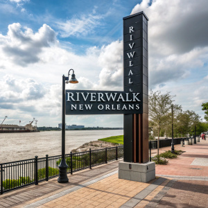 The Riverwalk New Orleans sign, a tall, black structure with white letters, stands beside the Mississippi River. It's surrounded by a quiet, fenced area and a peaceful riverfront. The sky above is partly cloudy.