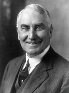 Smiling Warren G. Harding, old black and white photo, Adams shooting style