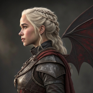 Close-up digital artwork of Daenerys Targaryen from Game of Thrones. Wearing leather armor, with dragon wing on her back. Dark, desaturated background