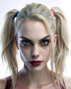 Real world photo of Harley Quinn alluring with her hairy underarm, natural eyes, detailed skin, realistic detailed hairless face, all skin is extremely focused, intricate details, natural lighting, 32k, reality