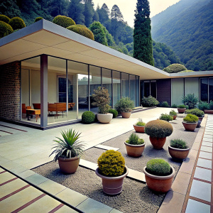 Mid century modern design large outdoor terrace with stones and planters