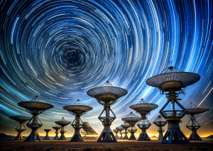 Large ground based satellite tower array, sky full of stars, satellites streaking across sky, long-exposure photography, photorealistic