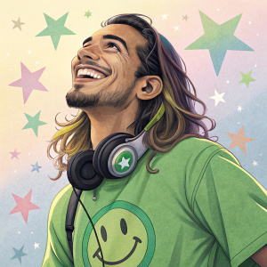 Lucio, the cheerful hero from Overwatch, Hispanic, long hair, green shirt with a smiling face. Holding headphones. Pastel stars background, digital art.