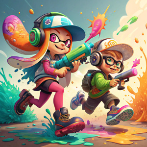 Digital painting of Inkling characters from Splatoon. Stylized art, bright colors, dynamic pose