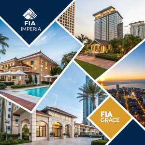 Creative real estate ad collage featuring FIA Group properties. FIA Imperia, FIA Grace, and other listings highlighted. Images arranged in a dynamic grid pattern with varying sizes and shapes, emphasizing unique design elements and text.