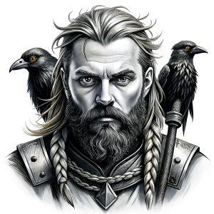 Wikinger mit zwei Gesichtern with yggdrasil – and weapons high-definition design, valhalla, grey and black, realistic tattoo design, white background