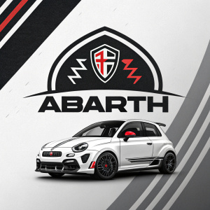 Modern logo design featuring sleek car imagery and bold text. Predominantly black and white. Represents Abarth brand.