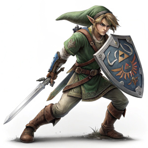 Imagery showcasing Link from The Legend of Zelda: Twilight Princess, standing in an action-ready pose in front of a stark, blank background.