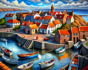 St Monans harbour in Fife with boats,Curvilinear style of Mandy Budan,acrylic painting,wide angle