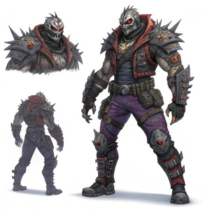 Tyreen The Destroyer, menacing character from Borderlands 3. Depicted in various dynamic poses and angles. Multi-armed, with a grotesque appearance featuring dark, gruesome hues such as gray, brown, purple, and red. Illustrations are intricate and detailed. Set against a plain white background.