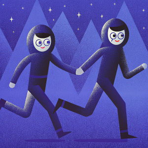 Illustration of Homestuck characters in motion. Flat style with simple features. Bold outlines and limited color palette. Characters running together, bodies angled for dynamic effect. Abstract shapes in background.