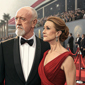 Jonathan Banks, in a black tuxedo, and Gennera Banks, with a serious expression, at the award ceremony. Red carpet background.
