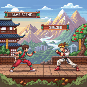 Pixel art of a fighting game scene. Classic arcade style, dynamic poses. Stylized cartoon characters in a colorful mountain arena. Game interface showing character names, score, and health indicator.