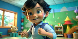 Un niño pequeño, ojos verdes, pelo negro, camiseta celestes, mochila. feliz en el Jardín de infantes. Disney Pixar 3D