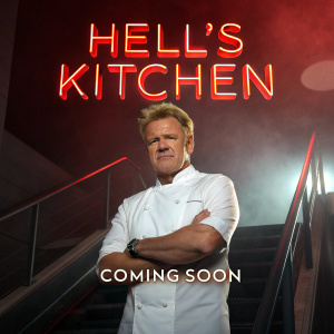 Gordon Ramsay in promotional image for new season of 'Hell's Kitchen'. Dramatic dark background. Neon text 'COMING SOON'