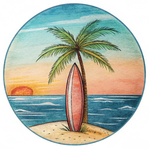 añade una tabla de surf en una playa con una palmera. que el dibujo se circular. que la tabla de surf tenga los colores de puerto rico