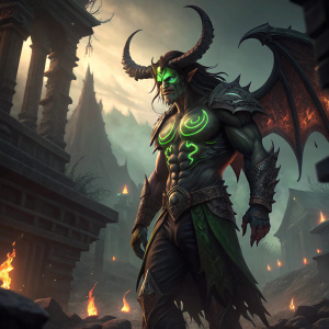 Digital art piece featuring Illidan Stormrage, powerful demon hunter. Muscular build, green glowing eyes and tattoos, sharp horns. Stands amidst crumbling ruins and ancient structures, surrounded by flickering torches. Intense, dramatic lighting and mood.