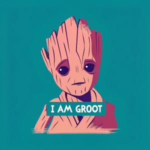 A minimalist logo of Baby Groot. Black and white color scheme. Bold, graphic design. Text 'I AM GROOT' underneath.