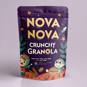 Front packaging of Nova Nova Crunchy Granola. Predominantly purple background with playful, adventurous cartoon-like illustrations of rolled oats, grains, nuts, and honey. At the top, the brand name 'NOVA NOVA' in bold, vibrant font. Below it, the product name 'Crunchy Granola' in a friendly, rounded font. Ingredients and key features described: 'Made with rolled oats, grains, nuts, and honey. 100% natural, no processed sugar, gluten-free.'