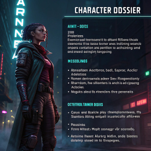 Character dossier for cyberpunk-inspired antihero Arina. Attributes: agile, skilled in hacking. Abilities: enhanced reflexes, cybernetic implants. Background: grew up in a dystopian city, fought against oppressive systems. Style: dark-themed, urban setting, neon lights and shadows
