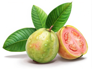 Guava fruit with leaves Juice Splash Isolated On Transparent Background with white background