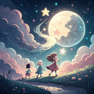 Steven Universe characters floating in an ethereal, starry night sky. Majestic moon and wispy clouds. Fantasy digital art by Aria Art