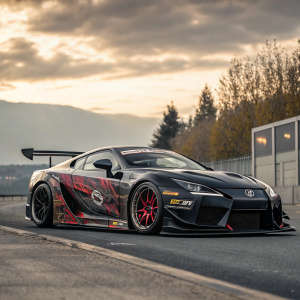 A high-performance Lexus LFA with a menacing custom body kit and flashy, vivid graphics.
