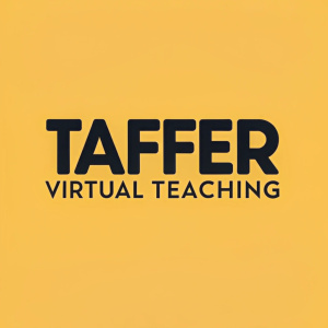 Modern digital branding design for Taffer Virtual Teaching. Logo features bold sans-serif font in black against a bright yellow background, accompanied by tagline in smaller font.