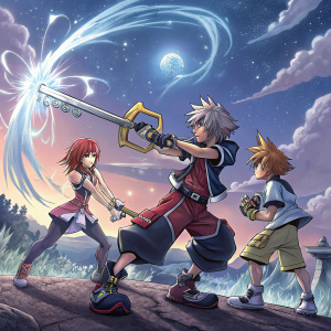 Digital artwork featuring Sora, Kairi, and Riku from Kingdom Hearts 2. Epic battle scene, mystical sky, swirling starry lights.