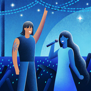 Keith Urban and Alicia Keys at a music festival. Keith's forearm tattoo visible. Alicia's long black hair flows freely.
