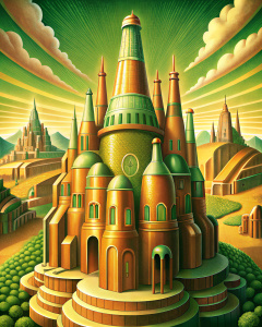 fortress made of beer bottles in 1930's cartoon style