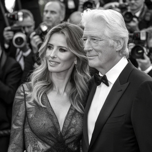 Richard Gere and Alejandra Silva at the Cannes Film Festival. Red carpet, flashing cameras.