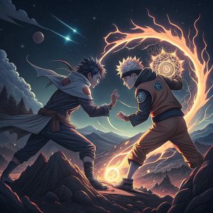 Digital artwork showcasing Naruto characters Hinata and another figure. Dramatic battle pose, set against a dark, starry night sky. Base features intricate landscape details.