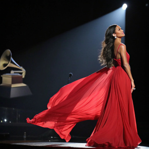 Nicole Scherzinger, wearing a flowing red dress, at the Grammy Awards. Dark stage with spotlight, elegant pose