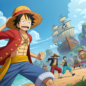 Digital artwork of Luffy and crew from One Piece Pirate Warriors 3. Vibrant colors, action-packed scene with iconic characters in a lively pirate battle setting.